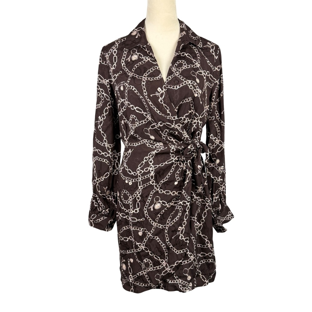 LOFT Wrap Dress Womens 4 Chain Link Key Print Brown Long Sleeve Chic Casual